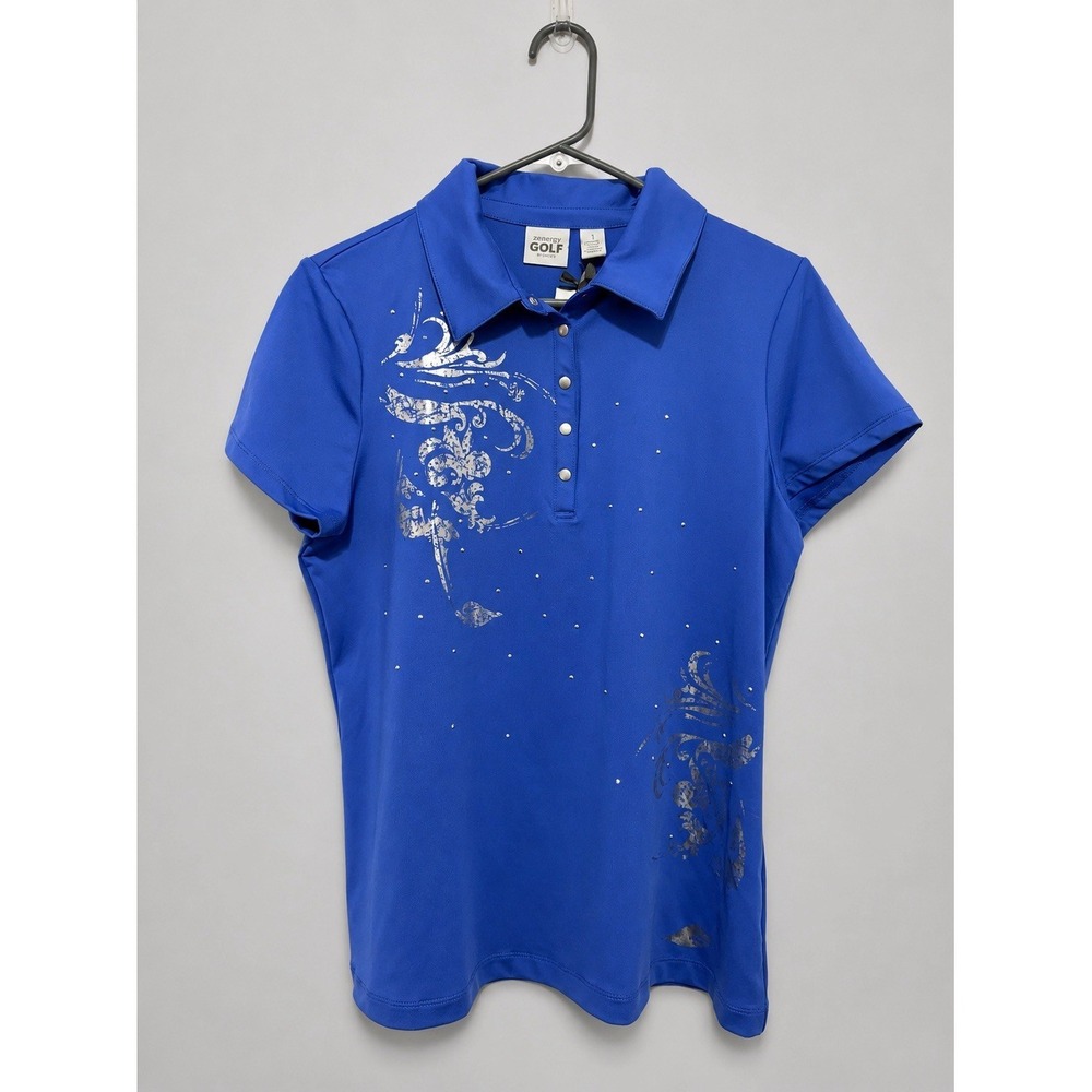 Zenergy Golf By Chico's Polo Shirt Women's Size 1 Blue Foil Rhinestone Stretch